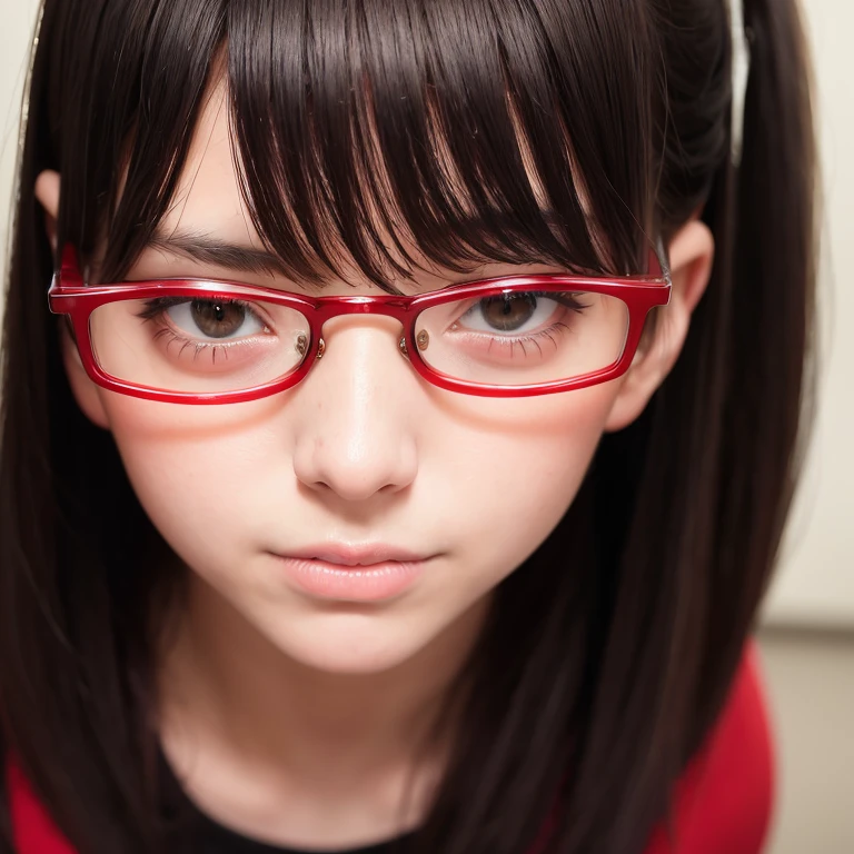 a masterpiece portrait of a beautiful young woman with a small face and angry expression, wearing red glasses , wearing a  and a short skirt, in an office setting, shot with a DSLR camera, high-quality 8k UHD image with realistic skin details, detailed facial features, rim lighting, lying on the bed