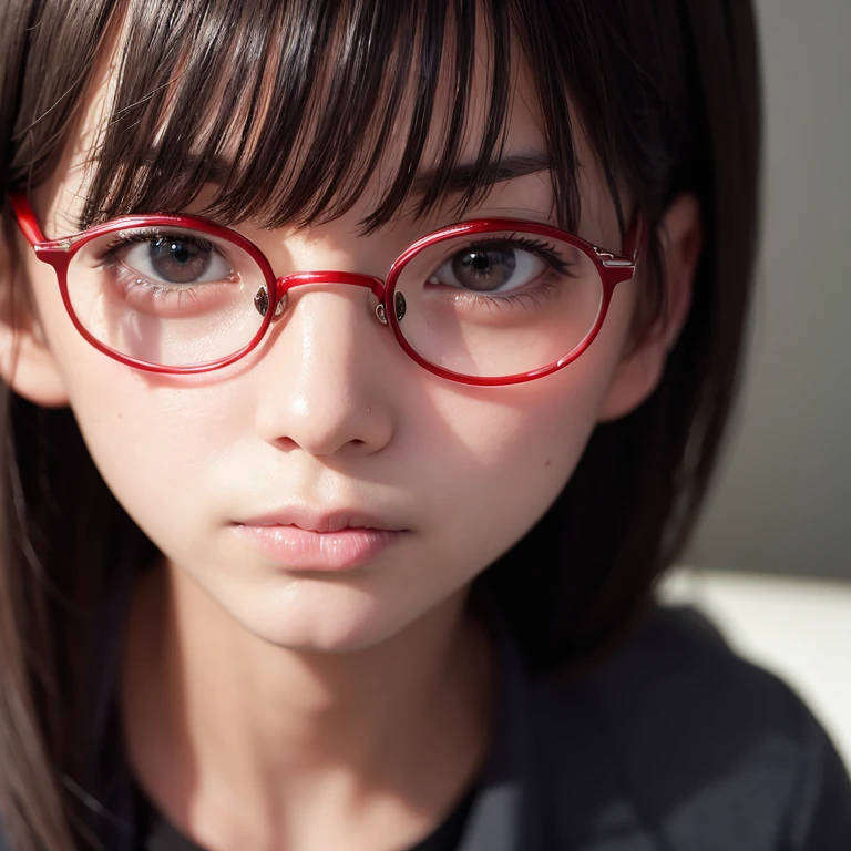 a masterpiece portrait of a beautiful young woman with a small face and angry expression, wearing red glasses , wearing a and a short skirt, in an office setting, shot with a DSLR camera, high-quality 8k UHD image with realistic skin details, detailed facial features, rim lighting, lying on the bed