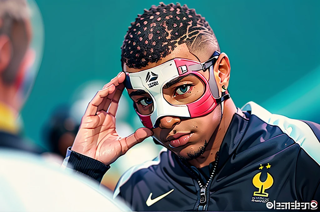 Anime style,Wearing a black mask,Kylian Mbappé,Blue football suit,