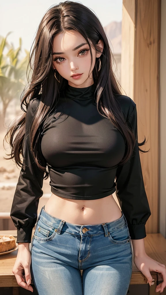 ((best quality, 8K, masterpiece :1.3)), 1 woman, (Beautiful woman highlighting her skinny waist: 1.3) whole body, (long hair) , very delicate face, delicate eyes, double eyelid, laugh,  thick thighs, desert, jeans, shiny skin, black tight tee, wear a denim jacket