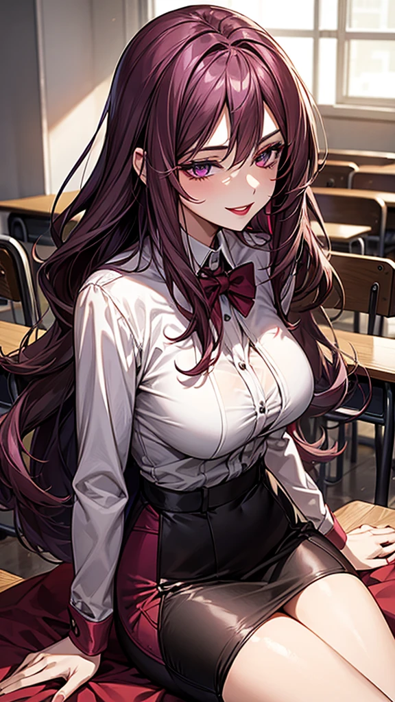 Purple wavy long hair，Sexy，woman，teacher，Red coat，White shirt，Long black dress，Large Breasts，Face red，Smile，lipstick，noble，exist|inside the classroom