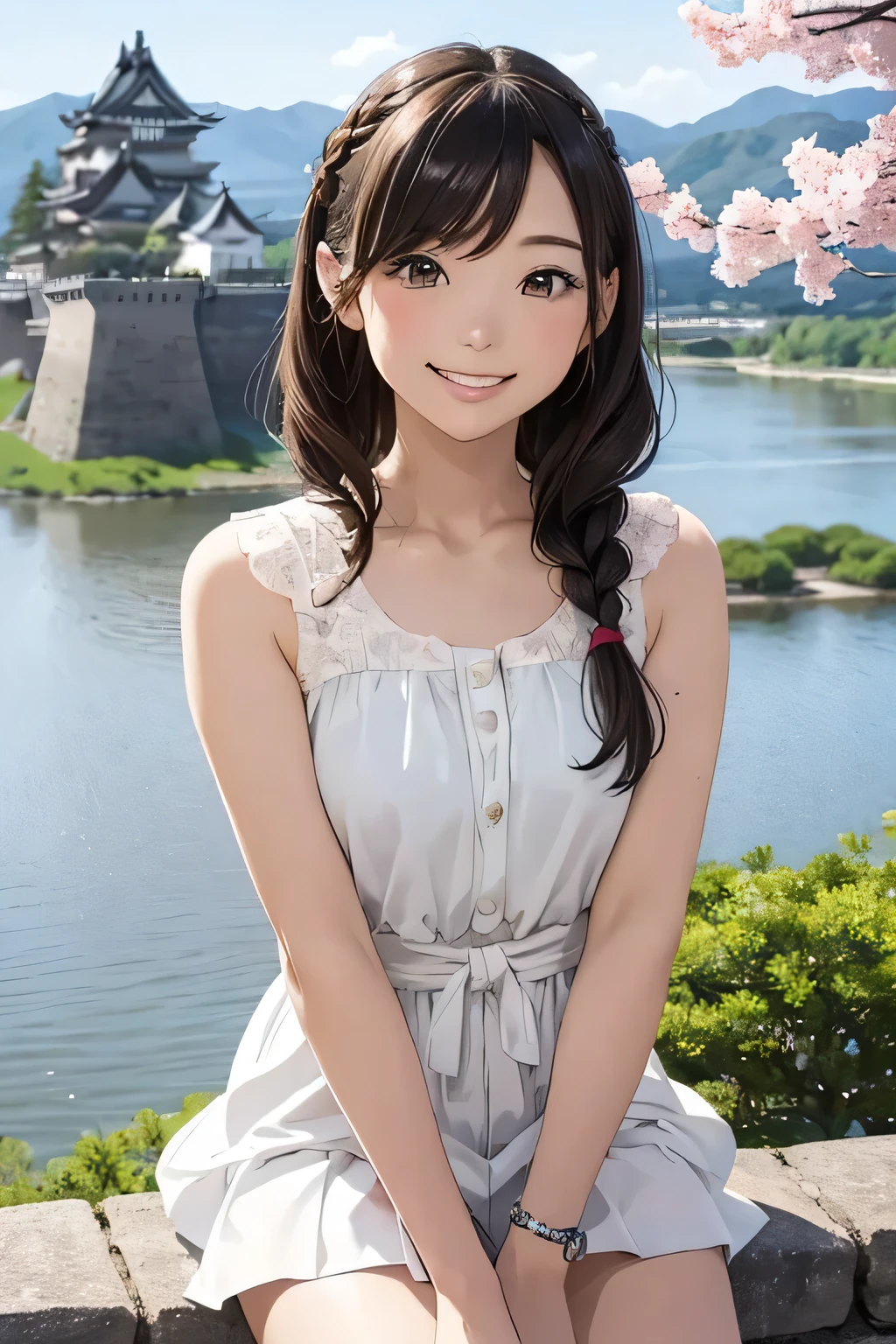 Highest quality、High resolution、Detailed Background、(Beautiful face in every detail:1.4)、Anatomically correct、(Draw the usual number of fingers:1.2)、(Detailed facial expressions)、(Detailed eyes:1.2)、(Detailed eyes:1.2)、Teenage beauty、(Highly detailed face:1.4)、Brown Hair、Braided Ponytail、Braided Bob、Braided long hair、Wavy Hairstyle、well-groomed eyebrows、cute eye makeup、Cute Lip Makeup、cute gesture、Show the whole body、Himeji castle、Inuyama Castle、Matsumoto Castle、Hikone Castle、
(A beautiful girl with a big smile with a Japanese castle in the background:1.5)、
Choose a cool chiffon dress or camisole dress for a light and airy look.、
It is recommended to wear it with casual shoes such as sandals or sneakers.、
Add some glamour with hair accessories、
A clean, all-white look is stylish for midsummer、
Sleeveless or tank tops、Bottoms include shorts and wide pants.、
We recommend natural materials for accessories such as sandals.、cute、
Hikone Castle、The location facing Lake Biwa is beautiful and the view from the castle tower is spectacular.、
Many historical buildings remain, including the old castle town and Higashizakamon Gate、
Another feature is that its appearance changes with the seasons, such as cherry blossoms in spring and autumn leaves.