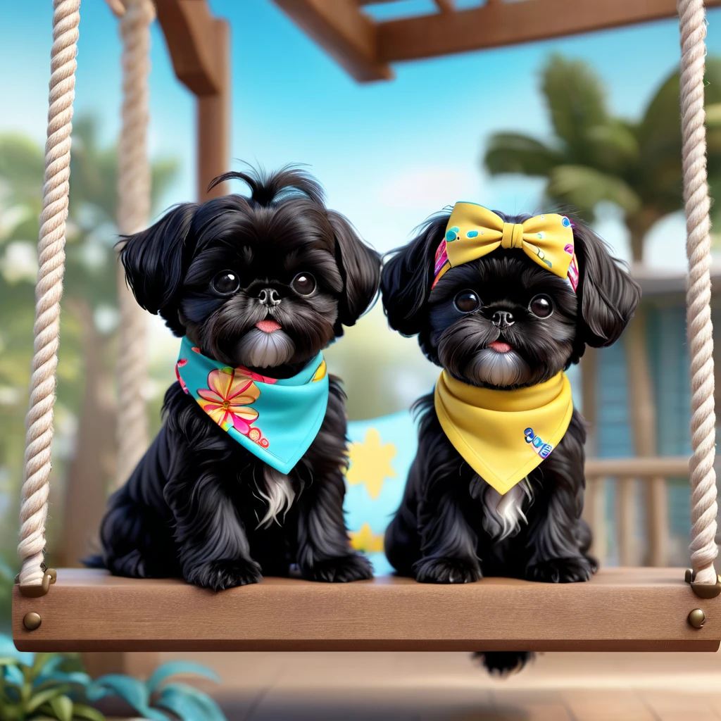 2 Adorable small black Shih Tzu puppies wearing bright bandannas sunglasses on porch swing Disney background 3d cartoon 3d render disney pixar style