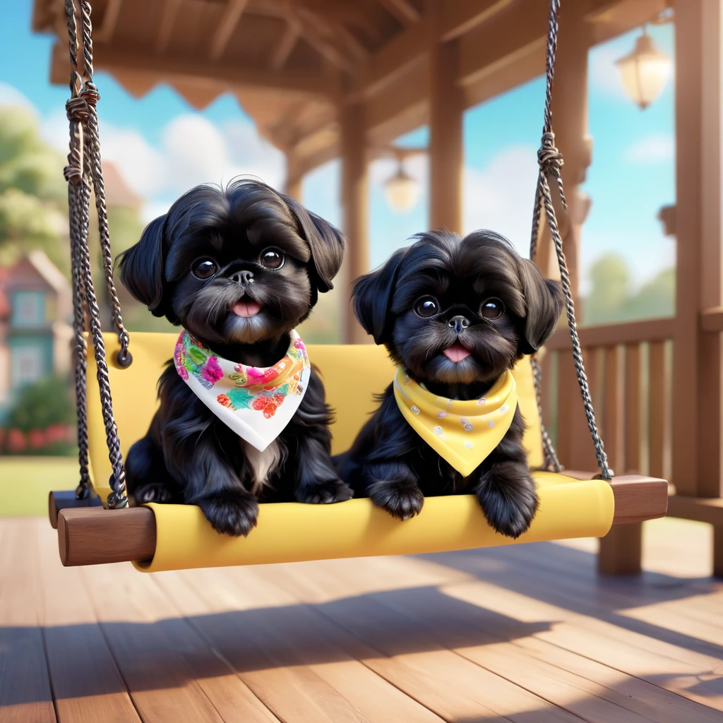 2 Adorable small black Shih Tzu puppies wearing bright bandannas sunglasses on porch swing Disney background 3d cartoon 3d render disney pixar style