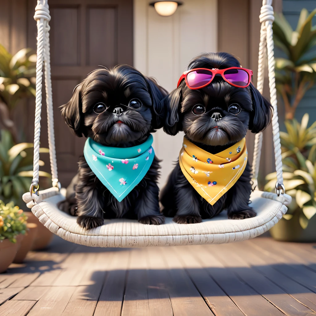 2 Adorable small black Shih Tzu puppies wearing bright bandannas sunglasses on porch swing Disney background 3d cartoon 3d render disney pixar style