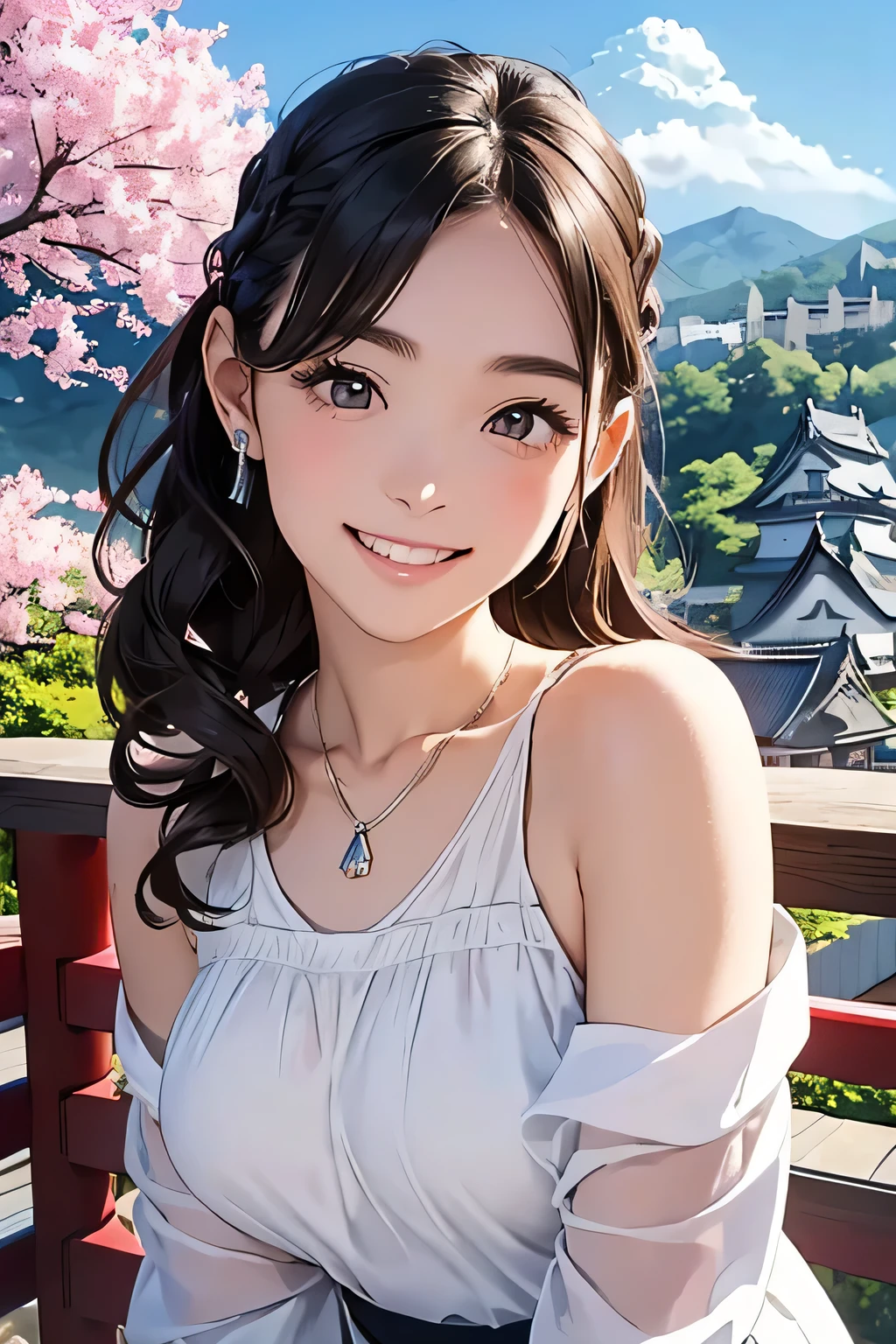 Highest quality、High resolution、Detailed Background、(Beautiful face in every detail:1.4)、Anatomically correct、(Draw the usual number of fingers:1.2)、(Detailed facial expressions)、(Detailed eyes:1.2)、(Detailed eyes:1.2)、Teenage beauty、(Highly detailed face:1.4)、Brown Hair、Braided Ponytail、Braided Bob、Braided long hair、Wavy Hairstyle、well-groomed eyebrows、cute eye makeup、Cute Lip Makeup、cute gesture、Show the whole body、Himeji castle、Inuyama Castle、Matsumoto Castle、Hikone Castle、
(A beautiful girl with a big smile with a Japanese castle in the background:1.5)、
Choose a cool chiffon dress or camisole dress for a light and airy look.、
It is recommended to wear it with casual shoes such as sandals or sneakers.、
Add some glamour with hair accessories、
A clean, all-white look is stylish for midsummer、
Sleeveless or tank tops、Bottoms include shorts and wide pants.、
We recommend natural materials for accessories such as sandals.、cute、
Himeji castle、One of Japan's most famous castles, designated as a national treasure with a beautiful white exterior、
Including the castle tower々The elegant architecture creates an elegant atmosphere.、
Cherry blossom season and night illuminations、The charm of this place is that its appearance changes with the seasons.