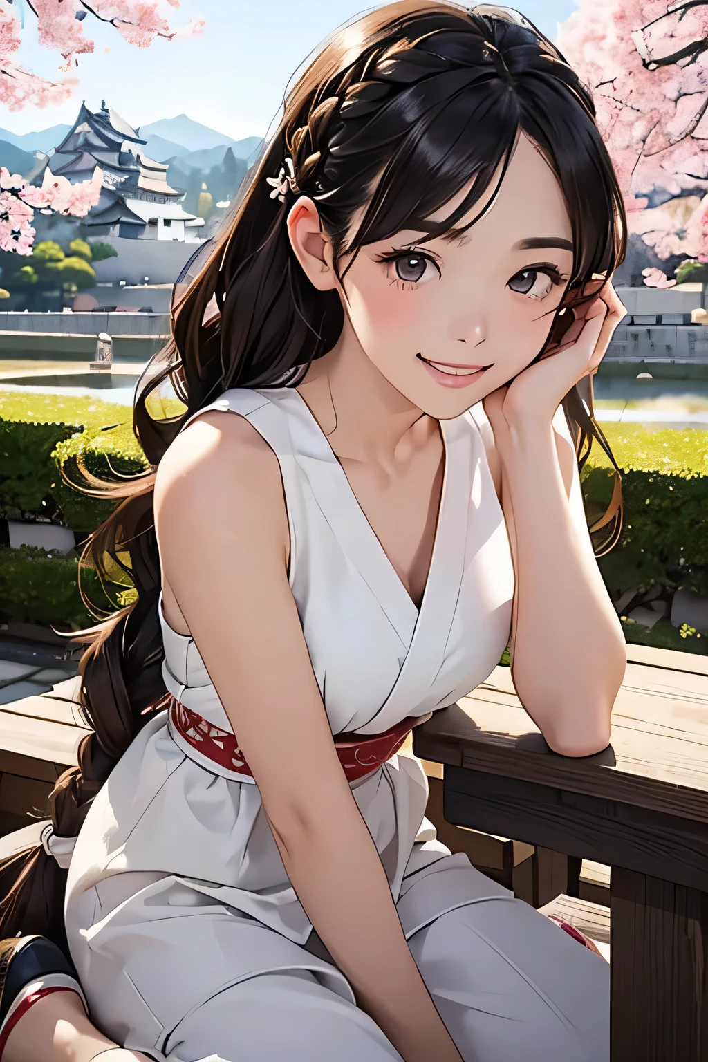Highest quality、High resolution、Detailed Background、(Beautiful face in every detail:1.4)、Anatomically correct、(Draw the usual number of fingers:1.2)、(Detailed facial expressions)、(Detailed eyes:1.2)、(Detailed eyes:1.2)、Teenage beauty、(Highly detailed face:1.4)、Brown Hair、Braided Ponytail、Braided Bob、Braided long hair、Wavy Hairstyle、well-groomed eyebrows、cute eye makeup、Cute Lip Makeup、cute gesture、Show the whole body、Himeji castle、Inuyama Castle、Matsumoto Castle、Hikone Castle、
(A beautiful girl with a big smile with a Japanese castle in the background:1.5)、
Choose a cool chiffon dress or camisole dress for a light and airy look.、
It is recommended to wear it with casual shoes such as sandals or sneakers.、
Add some glamour with hair accessories、
A clean, all-white look is stylish for midsummer、
Sleeveless or tank tops、Bottoms include shorts and wide pants.、
We recommend natural materials for accessories such as sandals.、cute、
Himeji castle、One of Japan's most famous castles, designated as a national treasure with a beautiful white exterior、
Including the castle tower々The elegant architecture creates an elegant atmosphere.、
Cherry blossom season and night illuminations、The charm of this place is that its appearance changes with the seasons.