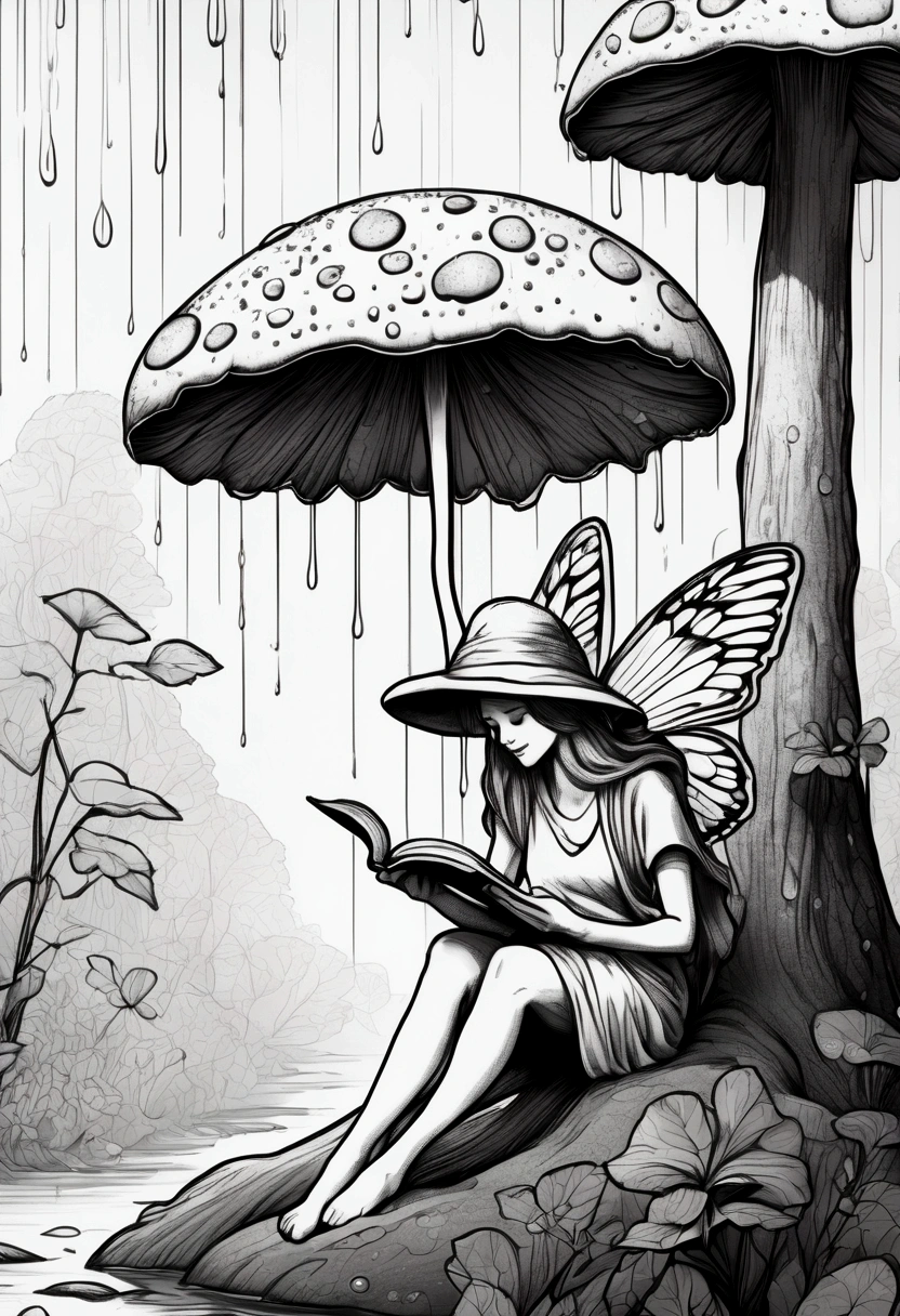 A fairy reading a book under a mushroom umbrella during a light rain. clean line art, white background, colouring page, clean outline, sketch style, clean lines, details line work, floral design, butterfly