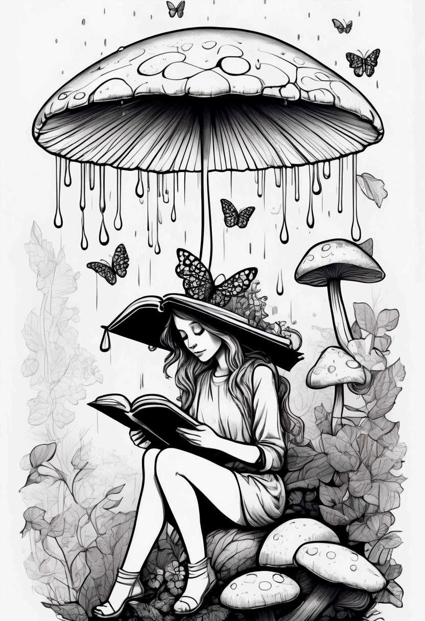 A fairy reading a book under a mushroom umbrella during a light rain. clean line art, white background, colouring page, clean outline, sketch style, clean lines, details line work, floral design, butterfly