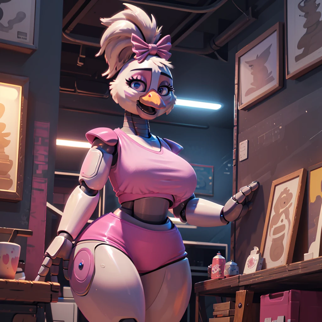 (masterpiece), ((perfect ???????)), (high Res), (4k), Chicken, huge breast, wide hips, (robot), (animatronic), (((pink shirt))), (((pink shorts))), happy, ponytail, (((((realistic artstyle))))), (((solo))), narrow waist