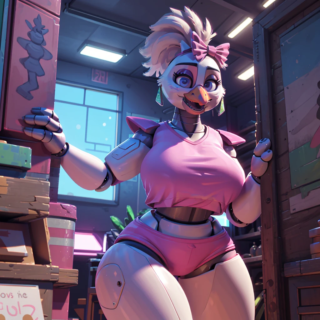 (masterpiece), ((perfect anatomy)), (high Res), (4k), Chicken, huge breast, wide hips, (robot), (animatronic), (((pink shirt))), (((pink shorts))), happy, ponytail, (((((realistic artstyle))))), (((solo))), narrow waist