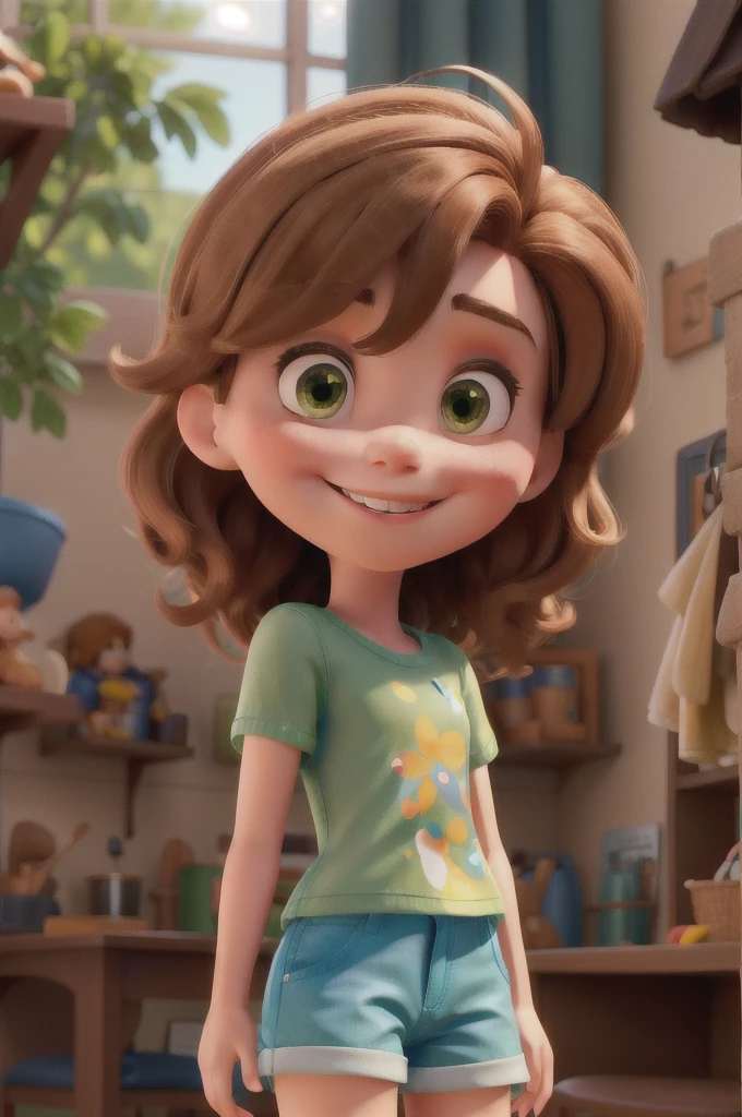 Make a Disney style doll of a light brunette boy with straight caramel hair, Green shorts, blue blouse and brown sneakers,
On your face you have a beautiful, charming smile