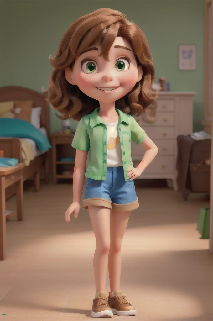 Make a Disney style doll of a light brunette boy with straight caramel hair, Green shorts, blue blouse and brown sneakers, 

On your face you have a beautiful, charming smile