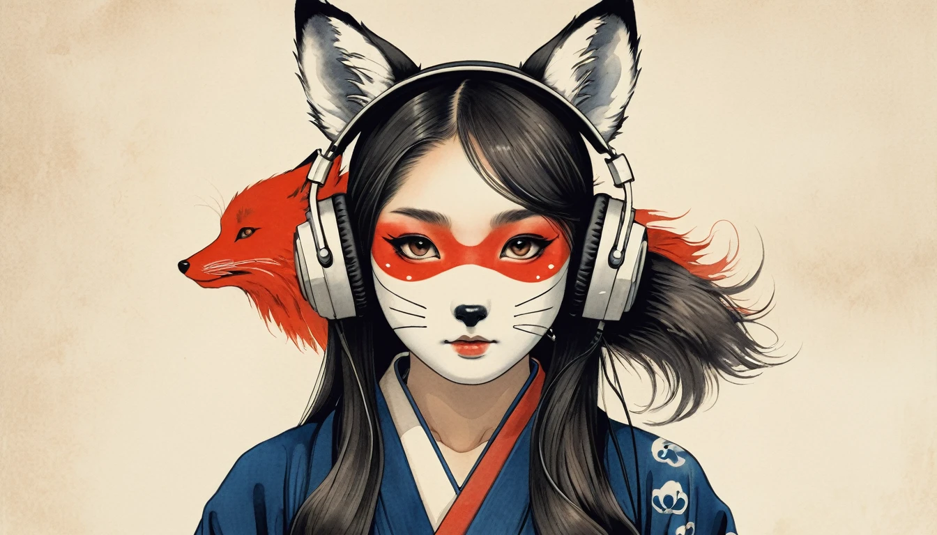 Cover your whole face with a fox mask, Highest quality, Katsushika Hokusai, Ink Painting, beautiful girl, Japanese style headphones, Delicate and precise, Modern ukiyo-e style, Long Hair, Japanese flag