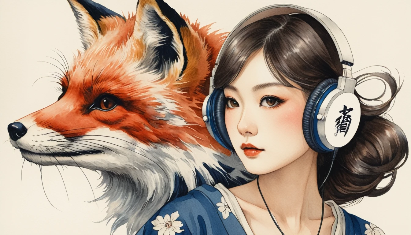 Cover your whole face with a fox mask, Highest quality, Katsushika Hokusai, Ink Painting, beautiful girl, Japanese style headphones, Delicate and precise, Modern ukiyo-e style, Long Hair, Japanese flag