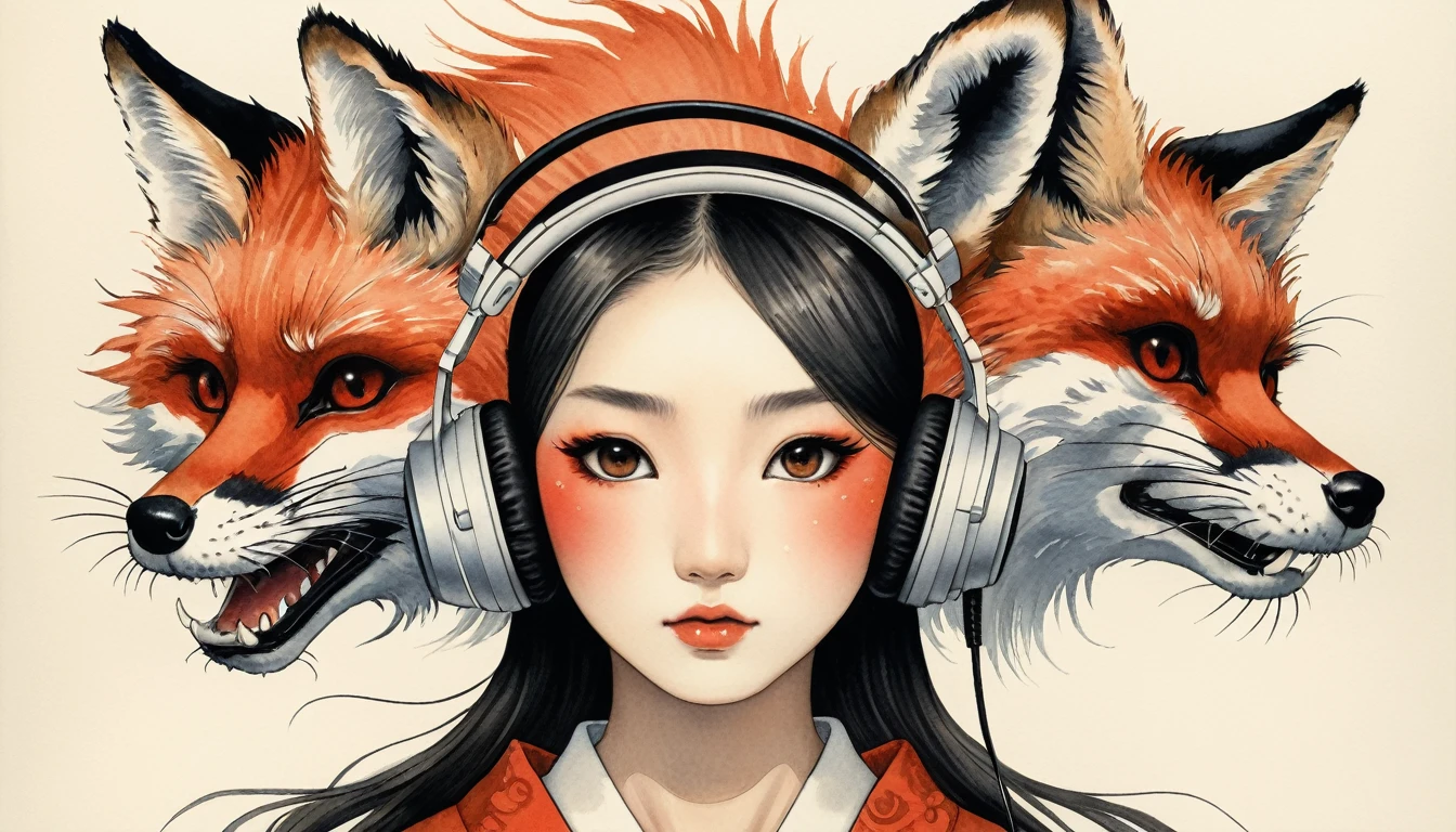 Cover your whole face with a fox mask, Highest quality, Katsushika Hokusai, Ink Painting, beautiful girl, Japanese style headphones, Delicate and precise, Modern ukiyo-e style, Long Hair, Japanese flag