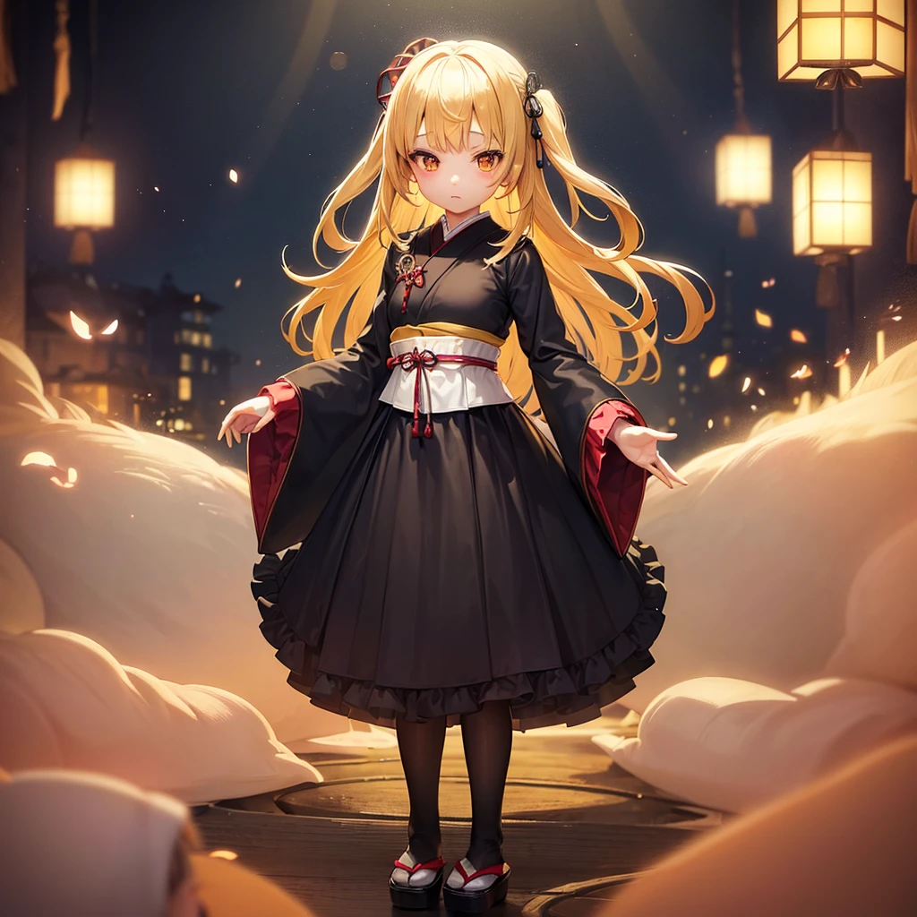 ((Japanese clothing)),((Lolita Fashion)),(Revealing clothing),Cute little ,Tiny ,Small girl,,Childish face, Very fine clean face,Top quality,Straight Hair,Yellow hair,(Dark Room), Subtle light, Natural light,Soft lighting,Light from directly behind,(Open your hands), (Are standing),Front view,Black background