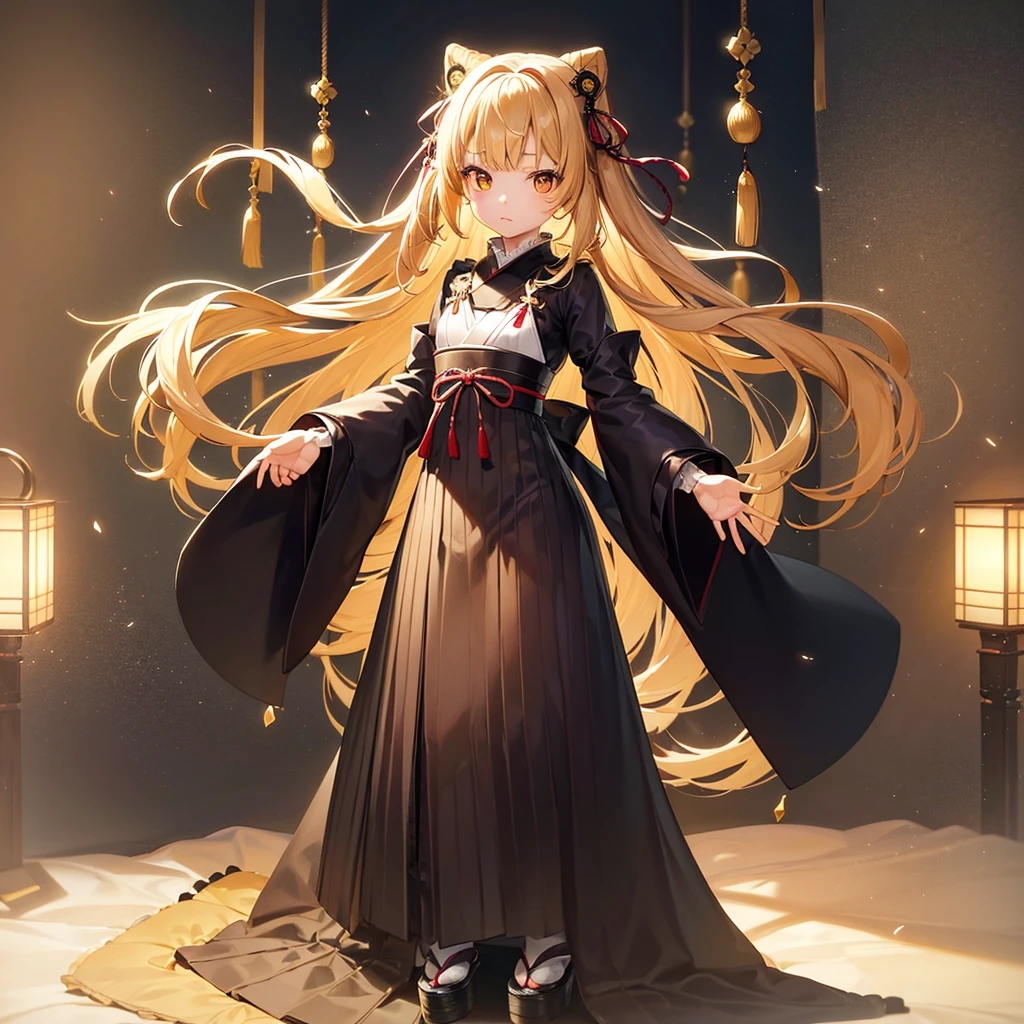 ((Japanese clothing)),((Lolita Fashion)),(Revealing clothing),Cute little ,Tiny ,Small girl,,Childish face, Very fine clean face,Top quality,Straight Hair,Yellow hair,(Dark Room), Subtle light, Natural light,Soft lighting,Light from directly behind,(Open your hands), (Are standing),Front view,Black background
