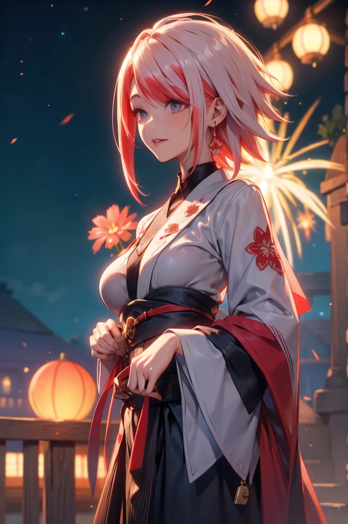 Melissa kimono night in the firework, white red combine colour hair , short hair