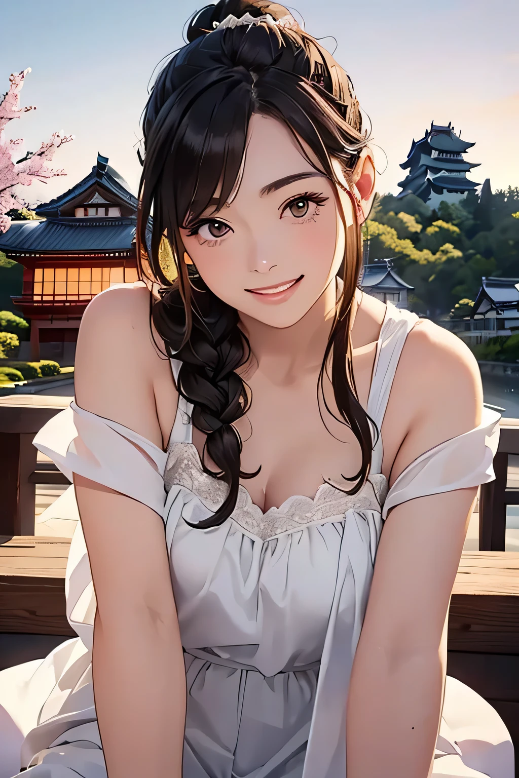 Highest quality、High resolution、Detailed Background、(Beautiful face in every detail:1.4)、Anatomically correct、(Draw the usual number of fingers:1.2)、(Detailed facial expressions)、(Detailed eyes:1.2)、(Detailed eyes:1.2)、age beauty、(Highly detailed face:1.4)、Brown Hair、Braided Ponytail、Braided Bob、Braided long hair、Wavy Hairstyle、well-groomed eyebrows、cute eye makeup、Cute Lip Makeup、cute gesture、Show the whole body、Himeji castle、Inuyama Castle、Matsumoto Castle、Hikone Castle、
(A beautiful girl with a big smile with a Japanese castle in the background:1.5)、
Choose a cool chiffon dress or camisole dress for a light and airy look.、
It is recommended to wear it with casual shoes such as sandals or sneakers.、
Add some glamour with hair accessories、
A clean, all-white look is stylish for midsummer、
Sleeveless or tank tops、Bottoms include shorts and wide pants.、
We recommend natural materials for accessories such as sandals.、cute、
Himeji castle、One of Japan's most famous castles, designated as a national treasure with a beautiful white exterior、
Including the castle tower々The elegant architecture creates an elegant atmosphere.、
Cherry blossom season and night illuminations、The charm of this place is that its appearance changes with the seasons.