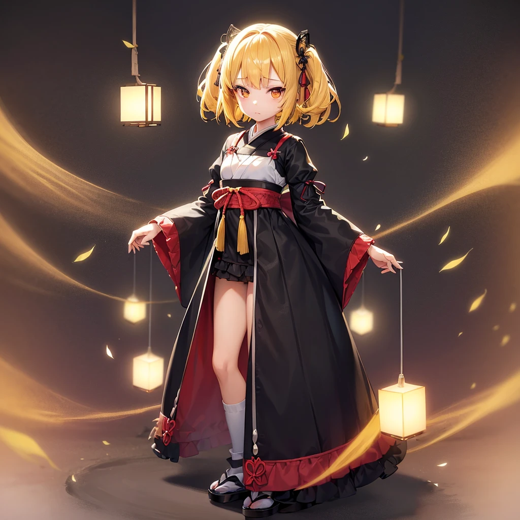 ((Japanese clothing)),((ta Fashion)),(Revealing clothing),Cute little ,Tiny ,Small girl,,Childish face, Very fine clean face,Top quality,Straight Hair,Yellow hair,(Dark Room), Subtle light, Natural light,Soft lighting,Light from directly behind,(Open your hands), (Are standing),Front view,Black background