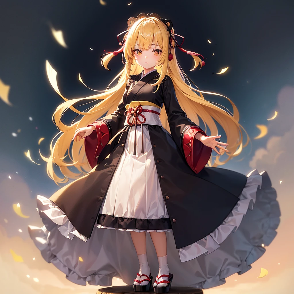 ((Japanese clothing)),((Lolita Fashion)),(Revealing clothing),Cute little ,Tiny ,Small girl,,Childish face, Very fine clean face,Top quality,Straight Hair,Yellow hair,(Dark Room), Subtle light, Natural light,Soft lighting,Light from directly behind,(Open your hands), (Are standing),Front view,Black background