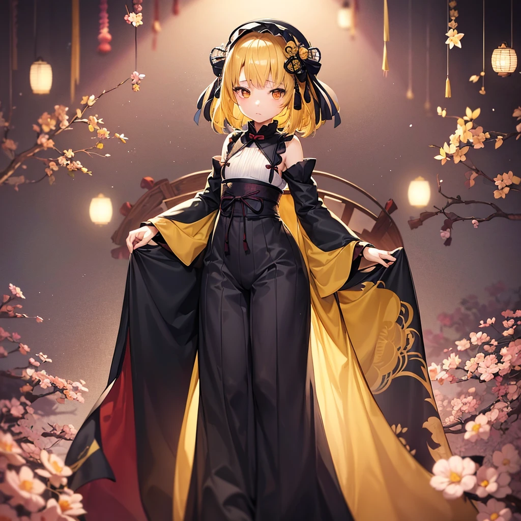 ((Japanese clothing)),((Lolita Fashion)),(Revealing clothing),Cute little ,Tiny ,Small girl,,Childish face, Very fine clean face,Top quality,Straight Hair,Yellow hair,(Dark Room), Subtle light, Natural light,Soft lighting,Light from directly behind,(Open your hands), (Are standing),Front view,Black background