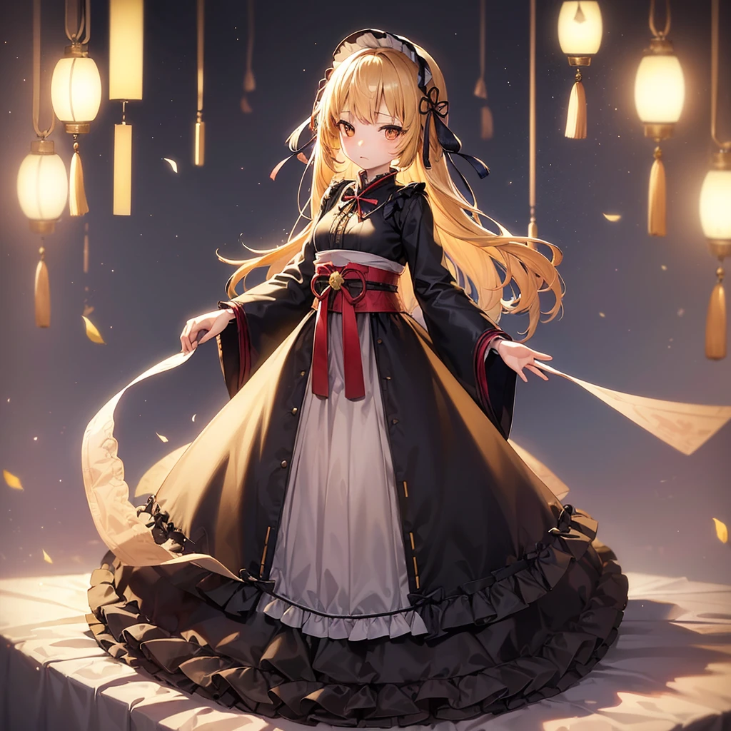 ((Japanese clothing)),((Lolita Fashion)),(Revealing clothing),Cute little ,Tiny , girl,,Childish face, Very fine clean face,Top quality,Straight Hair,Yellow hair,(Dark Room), Subtle light, Natural light,Soft lighting,Light from directly behind,(Open your hands), (Are standing),Front view,Black background