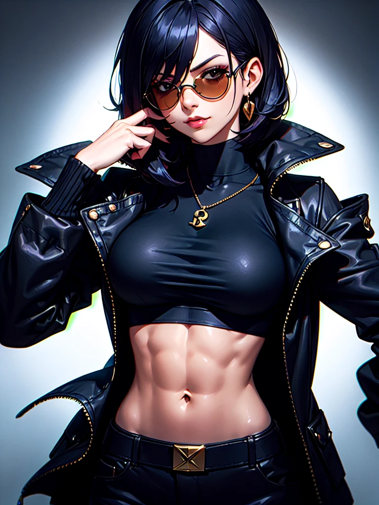((Portrait)), She has a Robust Appearance, with Imponent Charm and a Muscular Build. She Expresses a Proud and Smug Look, Giving Off a Self-Confident Attitude. She has Black Eyes, Her Hair is Short and Tousled, Dark Blue, with Uneven Strands Falling Around Her Face. She Wears an Oversized, Open Black Jacket, with a High-neck Crop Top, Revealing Her Midriff, and a Sunglasses. ((Portrait, HDR, Dark Background))