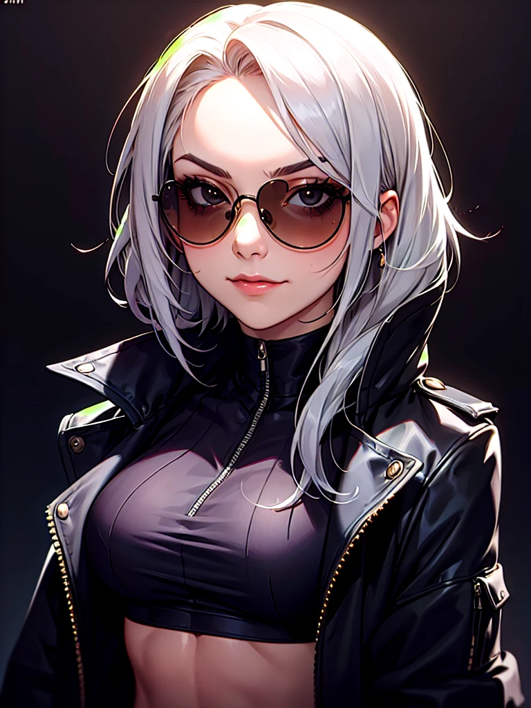 ((Portrait)), She has a Robust Appearance, with Imponent Charm and a Muscular Build. She Expresses a Proud and Smug Look, Giving Off a Self-Confident Attitude. She has Black Eyes, Her Hair is Short and Tousled, Dark Blue, with Uneven Strands Falling Around Her Face. She Wears an Oversized, Open Black Jacket, with a High-neck Crop Top, Revealing Her Midriff, and a Sunglasses. ((Portrait, HDR, Dark Background))