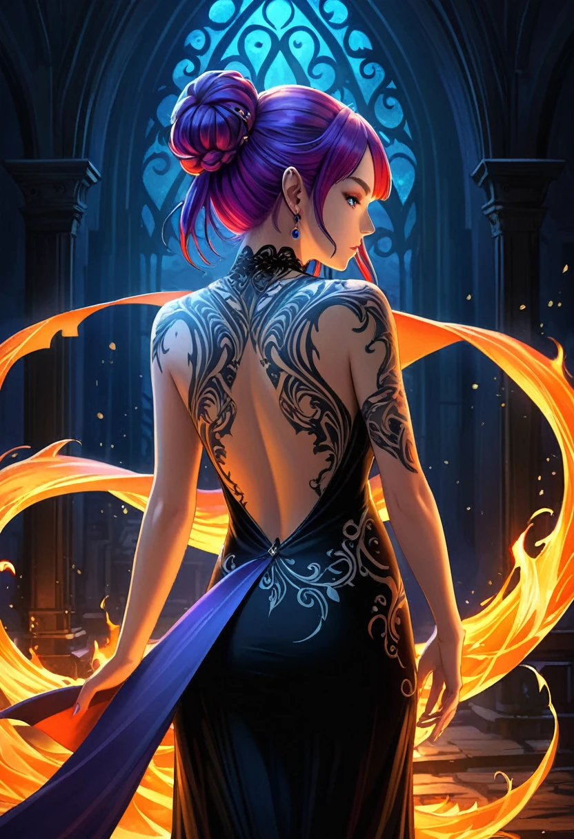 a picture of a an elf with a ((tattoo of a shark: 1.5)) on her back, Dark fantasy art, fantasy art, goth art,, a glowing tattoo of a ((shark: 1.3)) on the back of the elf, the ((shark tattoo)) is vivid, intricate detailed coming to life from the ink to real life, GlowingRunesAI_purple, ((fire surrounds the shark: 1.5)), shoot taken from the back, ((the back is visible: 1.3), she wears a transparent black dress, the dress is elegant, flowing, elven style, that the tattoos glow, dynamic hair color, dynamic hair style, faize,, Digital Painting