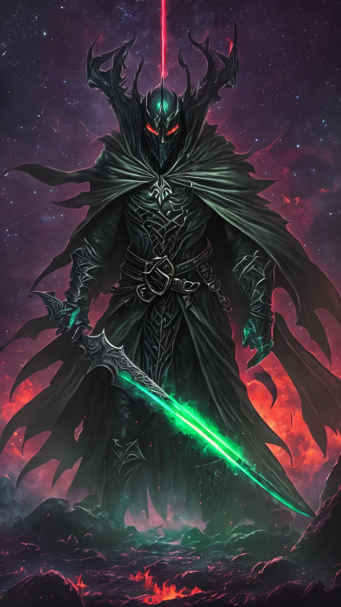 A dark and ominous creature of darkness, a god of death with a black crown, red glowing eyes, dynamic point of view, a fantasy character with a large torn black cape, wearing black and torn clothes, holding a magic sword with a blue and green aura around it, magical effects surrounding the sword, set against a very dark evening outdoor background on a dark plain.