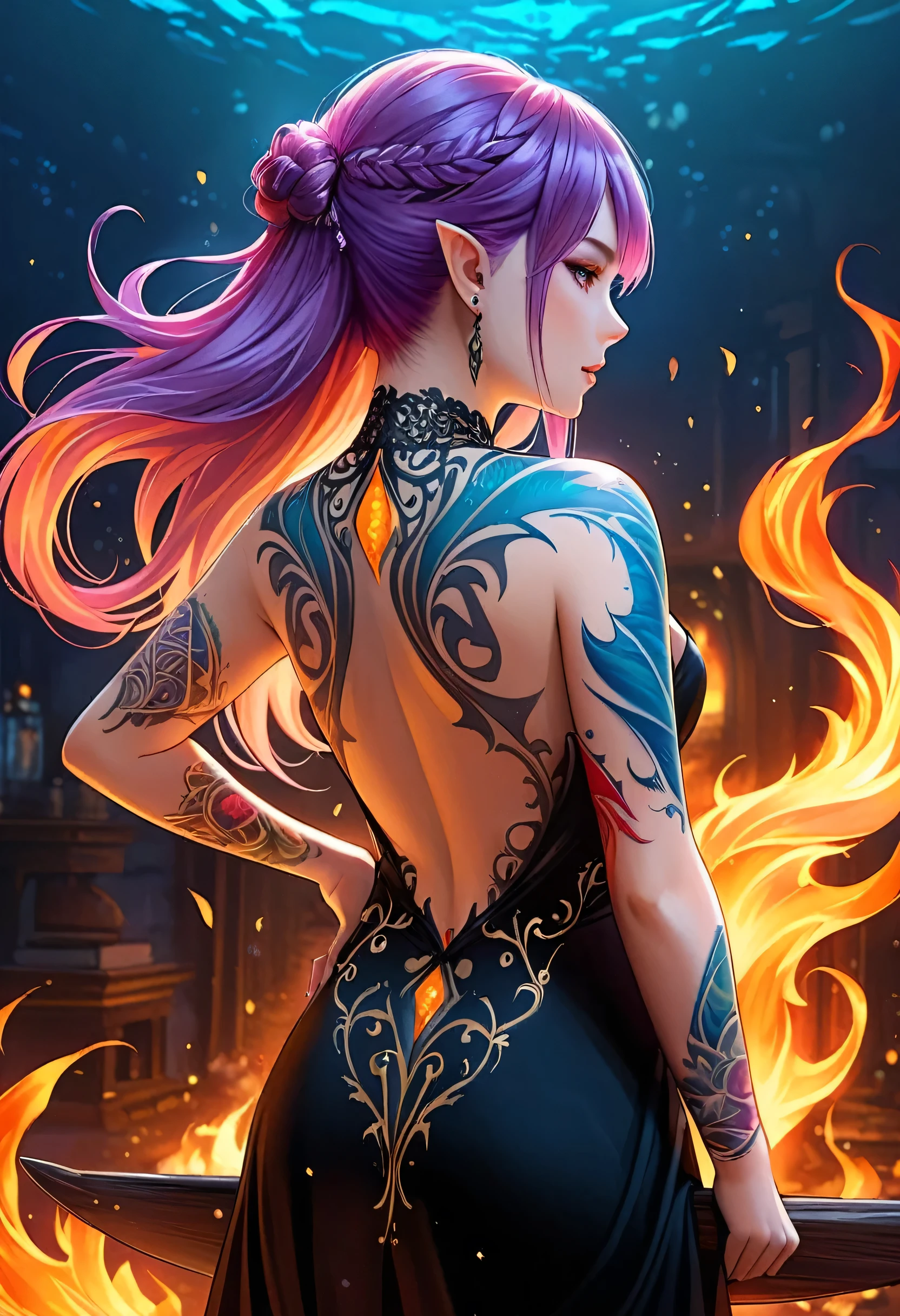  a picture of a ((shark tattoo: 1.5)) on the back of a female elf, Dark fantasy art, fantasy art, goth art,, a glowing tattoo of a ((shark: 1.3)) on the back of the elf, the ((shark tattoo)) is vivid, intricate detailed coming to life from the ink to real life, GlowingRunesAI_purple, ((fire surrounds the shark: 1.5)), shoot taken from the back, ((the back is visible: 1.3), she wears a transparent black dress, the dress is elegant, flowing, elven style, that the tattoos glow, dynamic hair color, dynamic hair style, faize,, Digital Painting