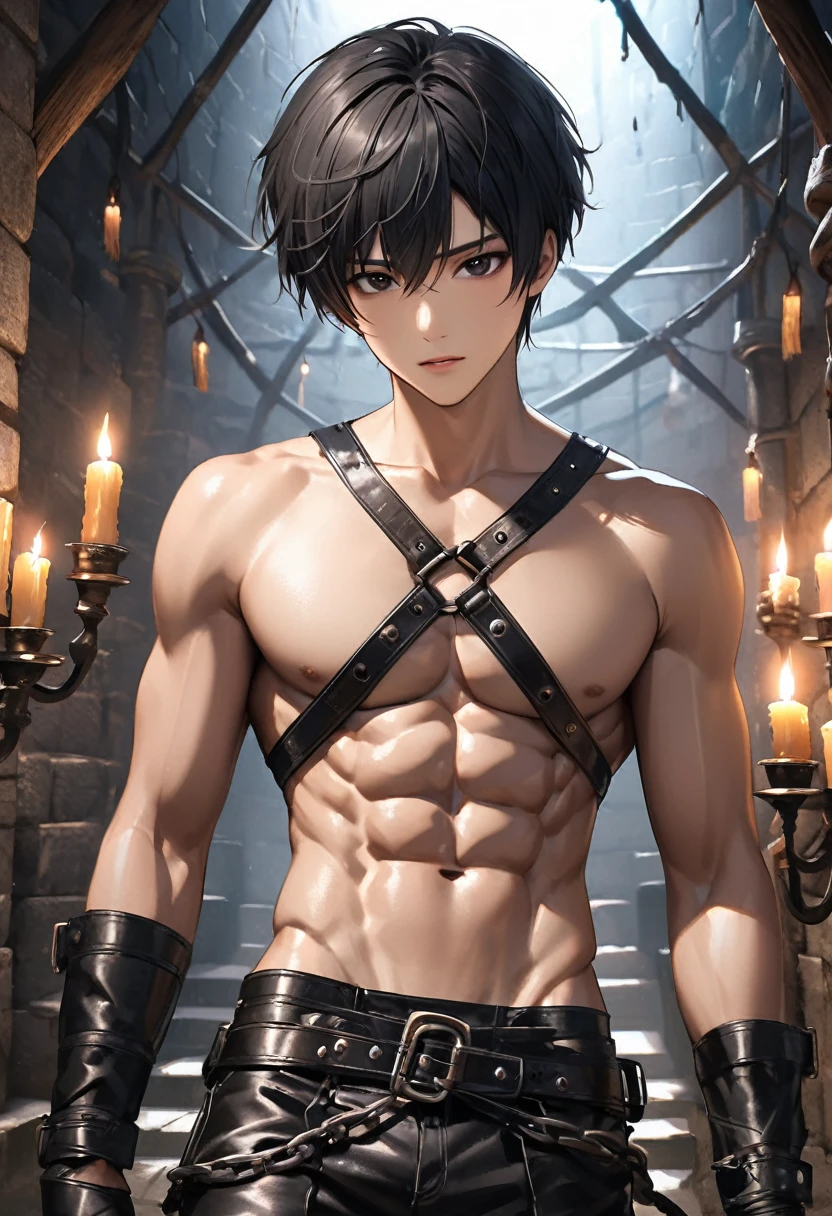 high quality, detailed, Realistic, (19 years old japanese idol slave boy), (detailed black eyes), (black short hair), (abs:1.5), (shiny skin), (leather bondage), dungeon, harness, (leather tiny thongs), (bulge:1.2), candle, 