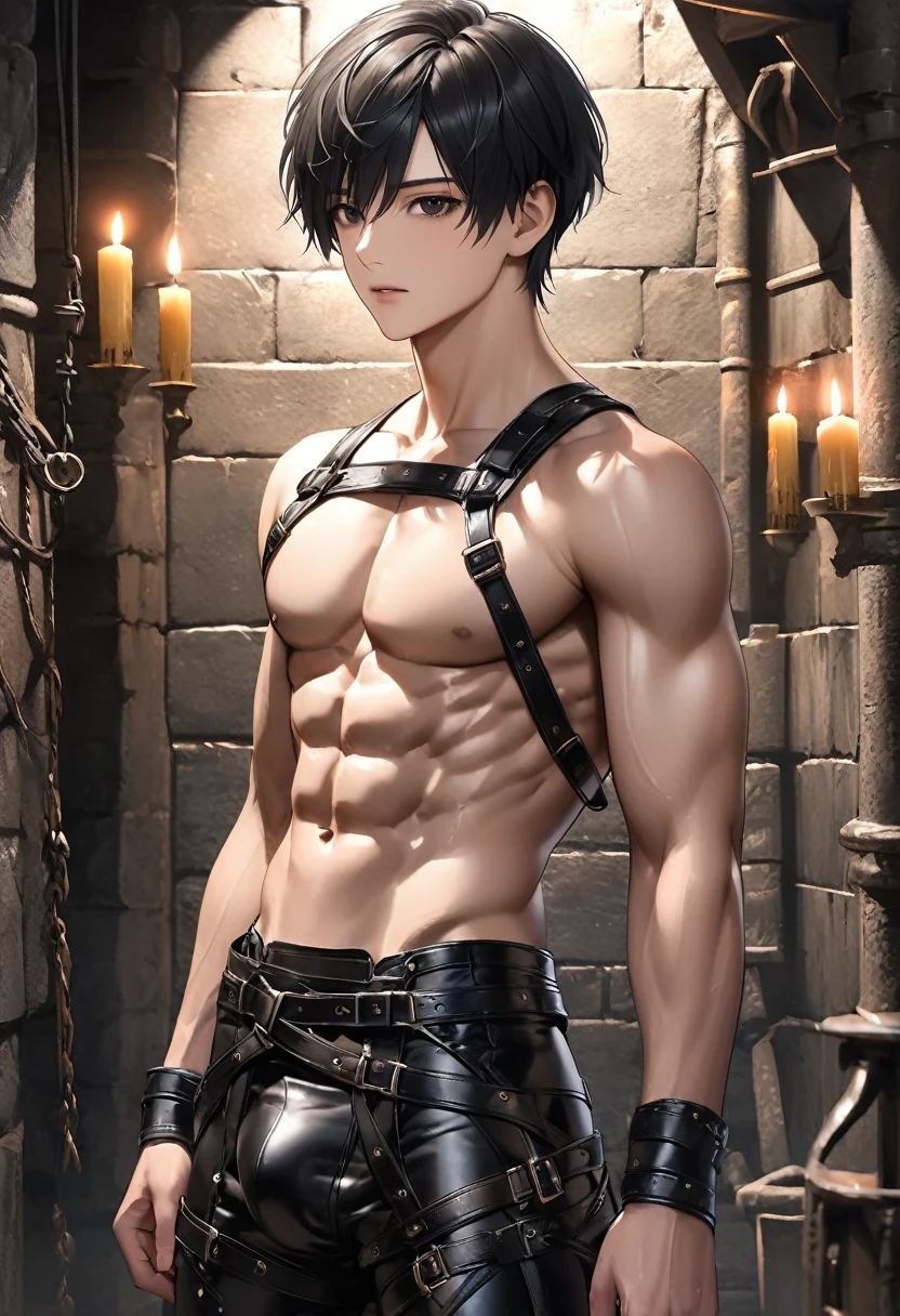 high quality, detailed, Realistic, (19 years old japanese idol slave boy), (detailed black eyes), (black short hair), (abs:1.5), (shiny skin), (leather bondage), dungeon, harness, (leather tiny thongs), (bulge:1.2), candle,