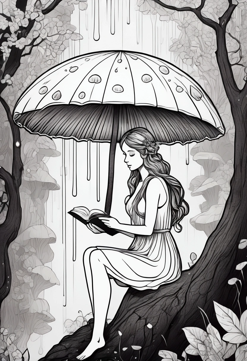A fairy reading a book under a mushroom umbrella during a light rain. clean line art, white background, colouring page, clean outline, sketch style, clean lines, details line work, floral design, butterfly