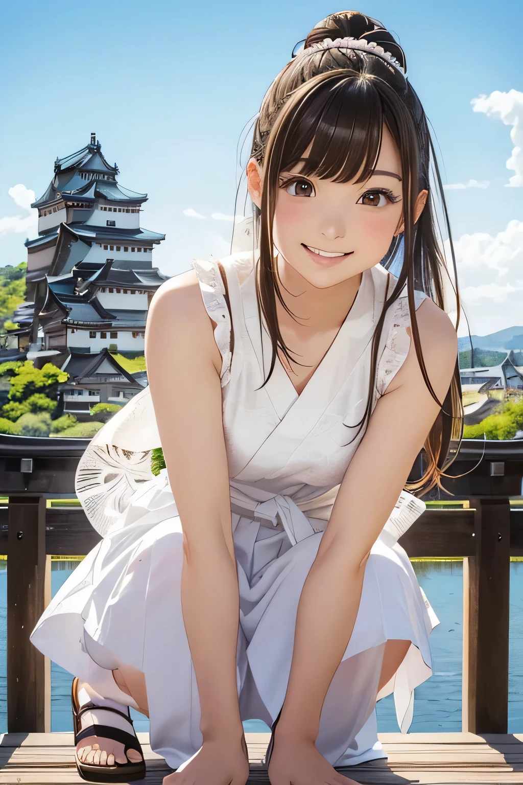 Highest quality、High resolution、Detailed Background、(Beautiful face in every detail:1.4)、Anatomically correct、(Draw the usual number of fingers:1.2)、(Detailed facial expressions)、(Detailed eyes:1.2)、(Detailed eyes:1.2)、Teenage beauty、(Highly detailed face:1.4)、Brown Hair、Braided Ponytail、Braided Bob、Braided long hair、Wavy Hairstyle、well-groomed eyebrows、cute eye makeup、Cute Lip Makeup、cute gesture、Show the whole body、Himeji castle、Inuyama Castle、Matsumoto Castle、Hikone Castle、

(A beautiful girl with a big smile with a Japanese castle in the background:1.5)、

Choose a cool chiffon dress or camisole dress for a light and airy look.、
It is recommended to wear it with casual shoes such as sandals or sneakers.、
Add some glamour with hair accessories、

A clean, all-white look is stylish for midsummer、
Sleeveless or tank tops、Bottoms include shorts and wide pants.、
We recommend natural materials for accessories such as sandals.、cute、

Himeji castle、One of Japan&#39;s most famous castles, designated as a national treasure with a beautiful white exterior、
Including the castle tower々The elegant architecture creates an elegant atmosphere.、
Cherry blossom season and night illuminations、The charm of this place is that its appearance changes with the seasons.