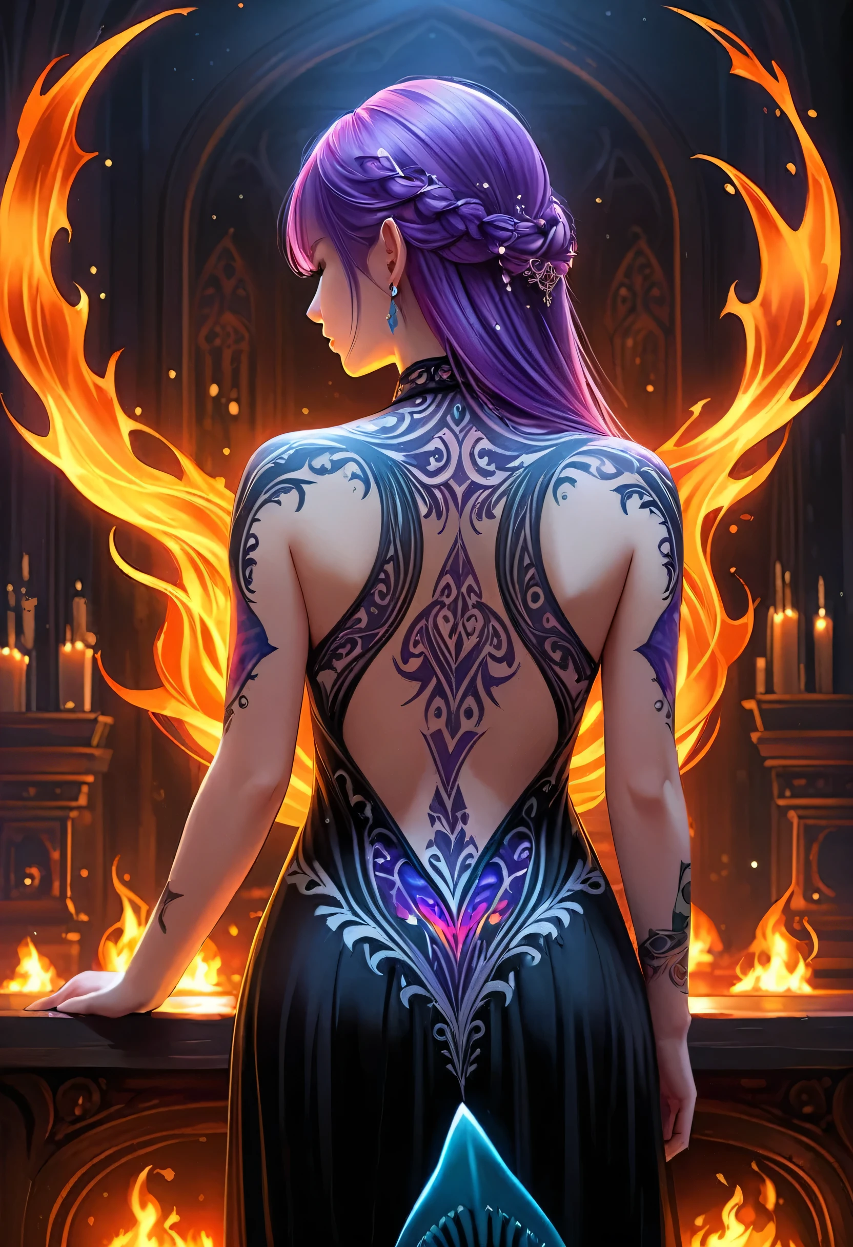 a picture of a ((shark tattoo: 1.5)) on the back of a female elf, Dark fantasy art, fantasy art, goth art,, a glowing tattoo of a ((shark: 1.3)) on the back of the elf, the ((shark tattoo)) is vivid, intricate detailed coming to life from the ink to real life, GlowingRunesAI_purple, ((fire surrounds the shark: 1.5)), shoot taken from the back, ((the back is visible: 1.3), she wears a transparent black dress, the dress is elegant, flowing, elven style, that the tattoos glow, dynamic hair color, dynamic hair style, faize,, Digital Painting