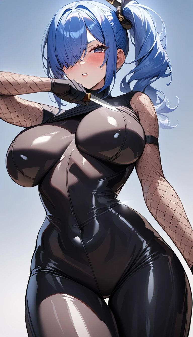 1girl,solo,super detailed skin,shiny skin,natural face,blue hair,hair over one eye,side ponytail ,large breasts,bodysuit,fishnet arms,ninja costume ,cowboy shot,knife in hand,simple background,masterpiece,best quality,ultra detailed,high resolution,sharp focus