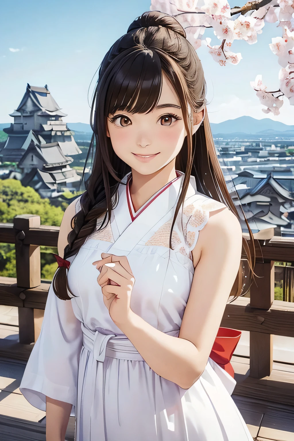 Highest quality、High resolution、Detailed Background、(Beautiful face in every detail:1.4)、Anatomically correct、(Draw the usual number of fingers:1.2)、(Detailed facial expressions)、(Detailed eyes:1.2)、(Detailed eyes:1.2)、Teenage beauty、(Highly detailed face:1.4)、Brown Hair、Braided Ponytail、Braided Bob、Braided long hair、Wavy Hairstyle、well-groomed eyebrows、cute eye makeup、Cute Lip Makeup、cute gesture、Show the whole body、Himeji castle、Inuyama Castle、Matsumoto Castle、Hikone Castle、
(A beautiful girl with a big smile with a Japanese castle in the background:1.5)、
Choose a cool chiffon dress or camisole dress for a light and airy look.、
It is recommended to wear it with casual shoes such as sandals or sneakers.、
Add some glamour with hair accessories、
A clean, all-white look is stylish for midsummer、
Sleeveless or tank tops、Bottoms include shorts and wide pants.、
We recommend natural materials for accessories such as sandals.、cute、
Himeji castle、One of Japan's most famous castles, designated as a national treasure with a beautiful white exterior、
Including the castle tower々The elegant architecture creates an elegant atmosphere.、
Cherry blossom season and night illuminations、The charm of this place is that its appearance changes with the seasons.