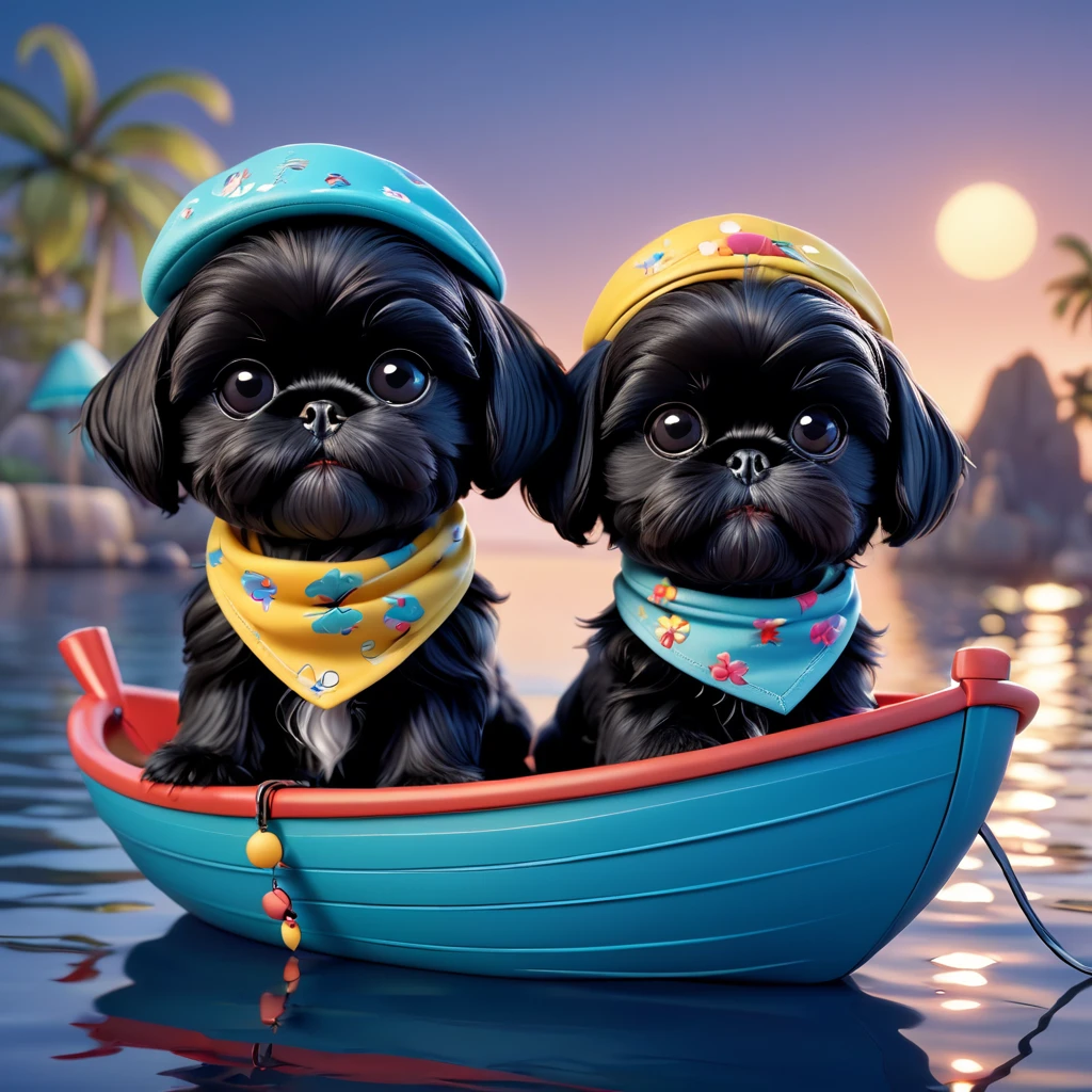 2 Adorable small black Shih Tzu puppies wearing bright sunglasses running on beach Disney background 3d cartoon 3d render disney pixar style