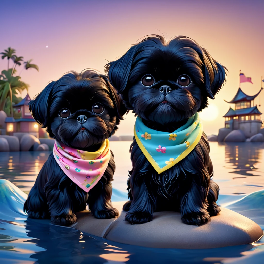2 Adorable small black Shih Tzu puppies wearing bright sunglasses running on beach Disney background 3d cartoon 3d render disney pixar style