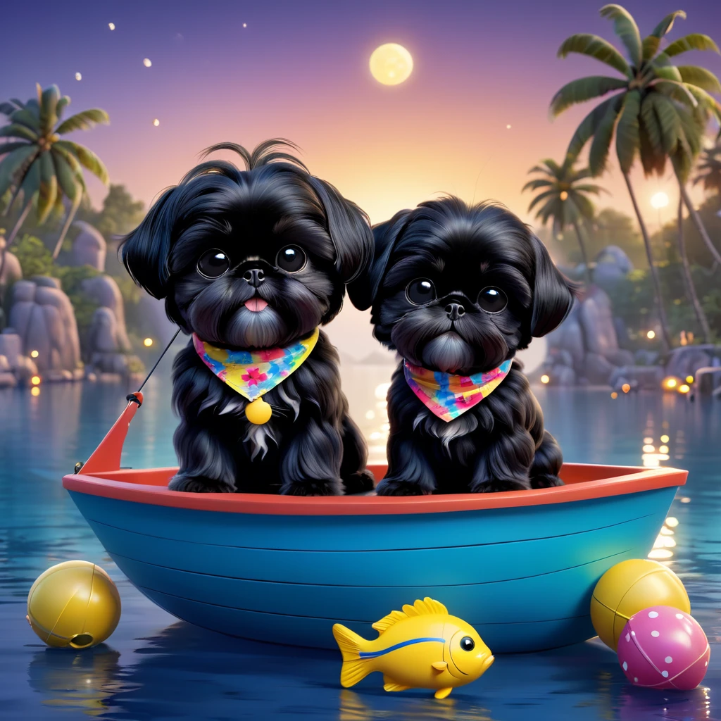 2 Adorable small black Shih Tzu puppies wearing bright bandannas sunglasses fishing at night Disney background 3d cartoon 3d render disney pixar style