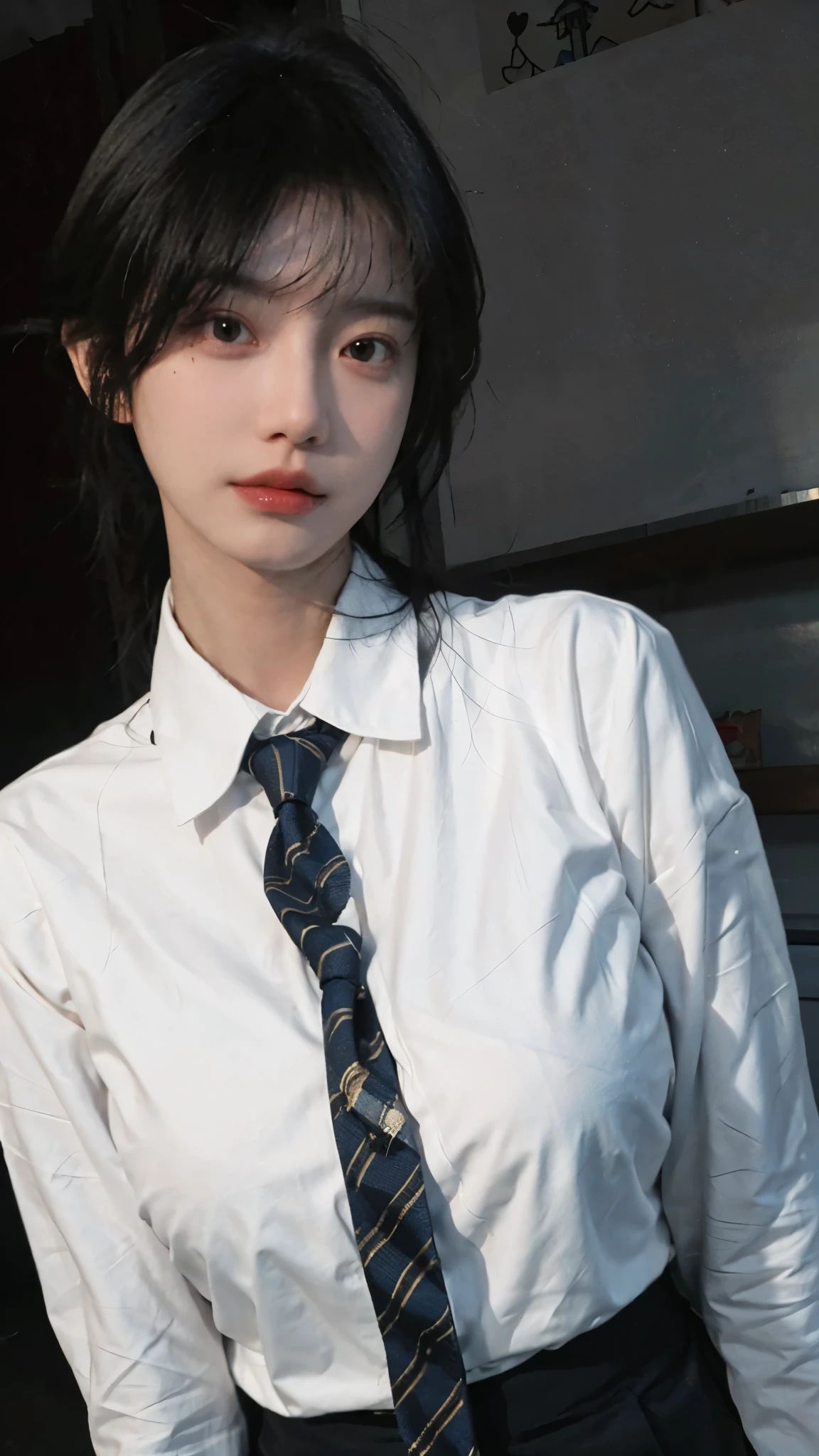 Best quality,masterpiece,ultra high res,(photorealistic:1.4),1girl,sexy,(shirt and tie:1.2),(large breast:1.3),(upper body:1.4)