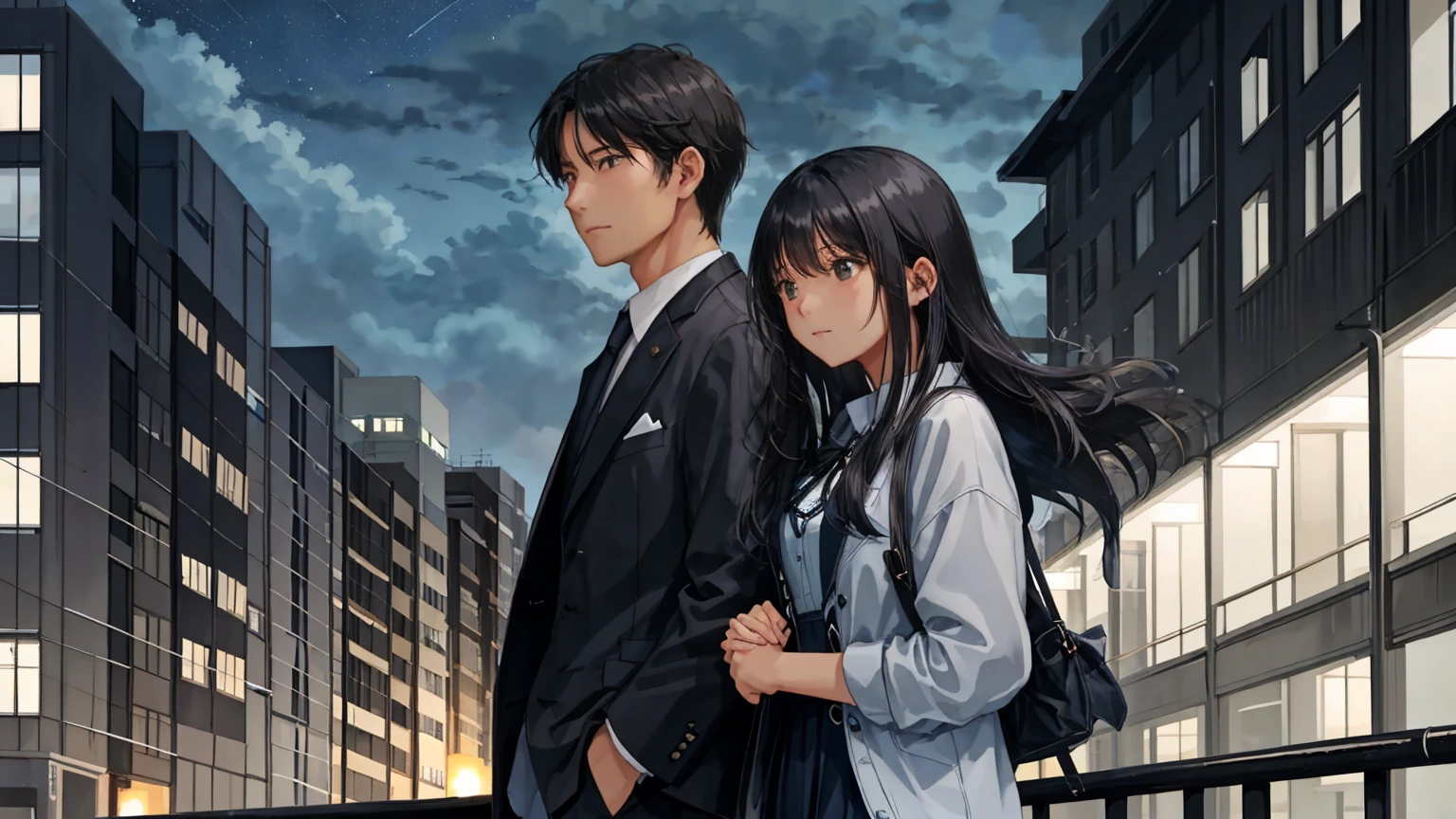 A July night in the city, with a cool breeze blowing through the buildings. After the rain, stars twinkle through the gaps in the clouds. A man and a woman, with the woman's long black hair flowing in the wind, enjoying a moment of twilight in the summer night. The man is handsome, and both are dressed in light early summer clothing, adding to the relaxed atmosphere of the urban landscape.