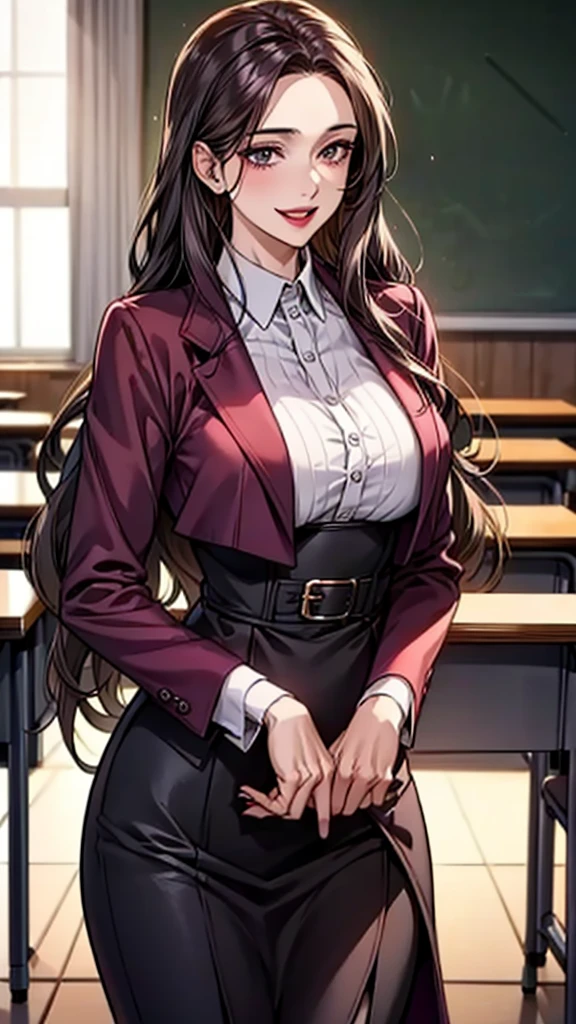 Purple wavy long hair,Sexy,woman,teacher,Red coat,White shirt,Long black dress,Large Breasts,Face red,Smile,lipstick,noble,exist|inside the classroom
