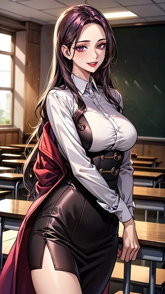 Purple wavy long hair,Sexy,woman,teacher,Red coat,White shirt,Long black dress,Large Breasts,Face red,Smile,lipstick,noble,exist|inside the classroom