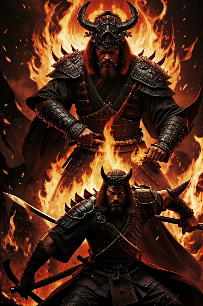 Make a samurai in hell watching a demon in the background. 