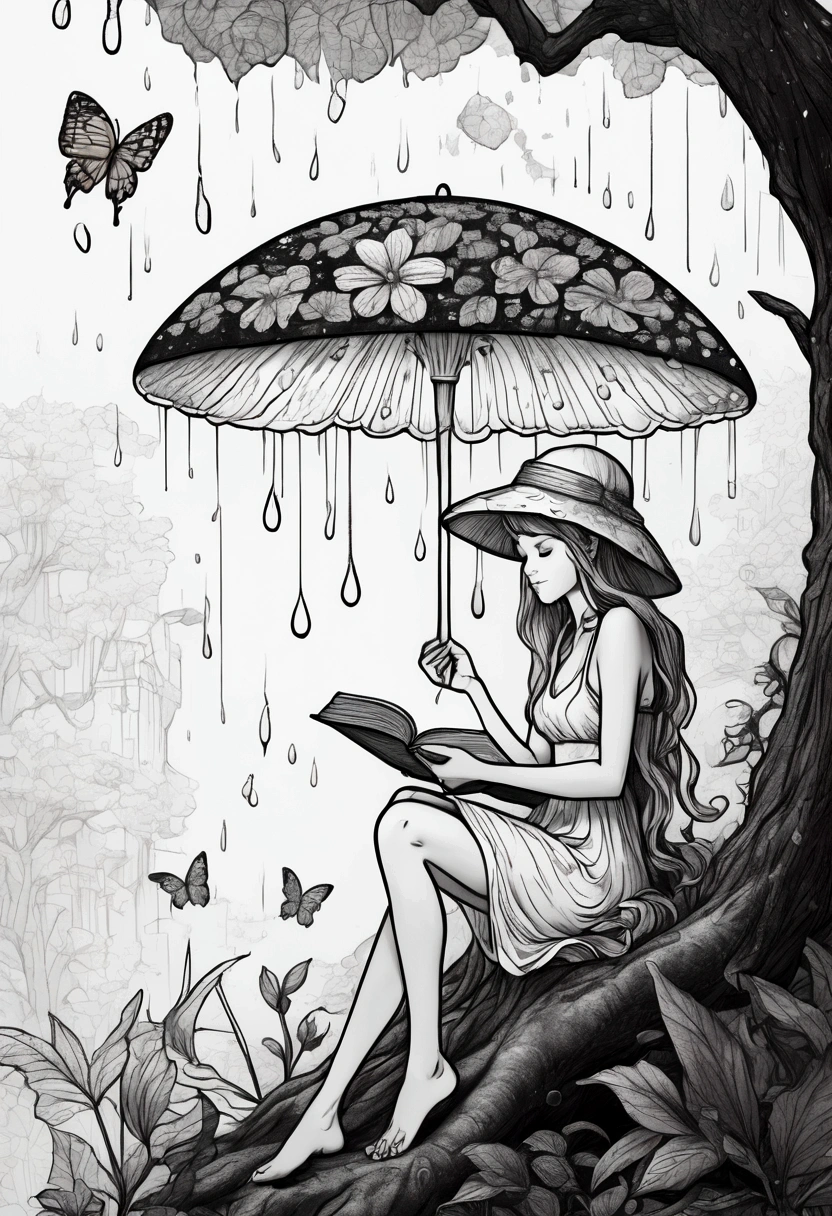 A fairy reading a book under a mushroom umbrella during a light rain. clean line art, white background, colouring page, clean outline, sketch style, clean lines, details line work, floral design, butterfly