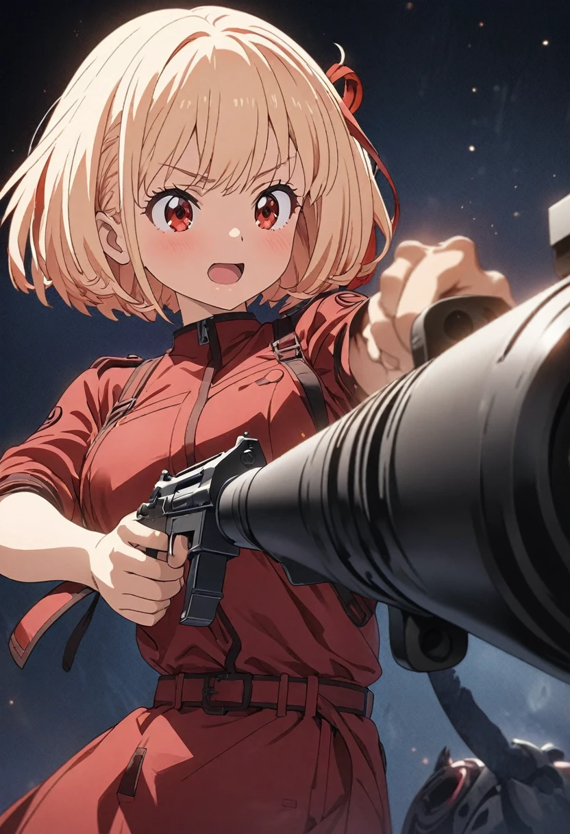 This is Chisato Nishikigi's masterpiece illustration from the anime Licorice Recoil. Her short blonde bob hairstyle has a red ribbon attached to it. He wears a red uniform. She seems to be holding a big gun and aiming at it while winking. very cute. This is a digital illustration. Sharp focus, highly detailed illustrations, masterpieces, high resolution, and Octane's overall style. Describe the whole thing. Particles of red light throughout Masterpiece, Top quality, High resolution, Unity 8k wallpaper, (Figure:0.8), Beautiful detailed eyes, Highly detailed face, Perfect lighting, Highly detailed CG, Perfect hands, Perfect anatomy